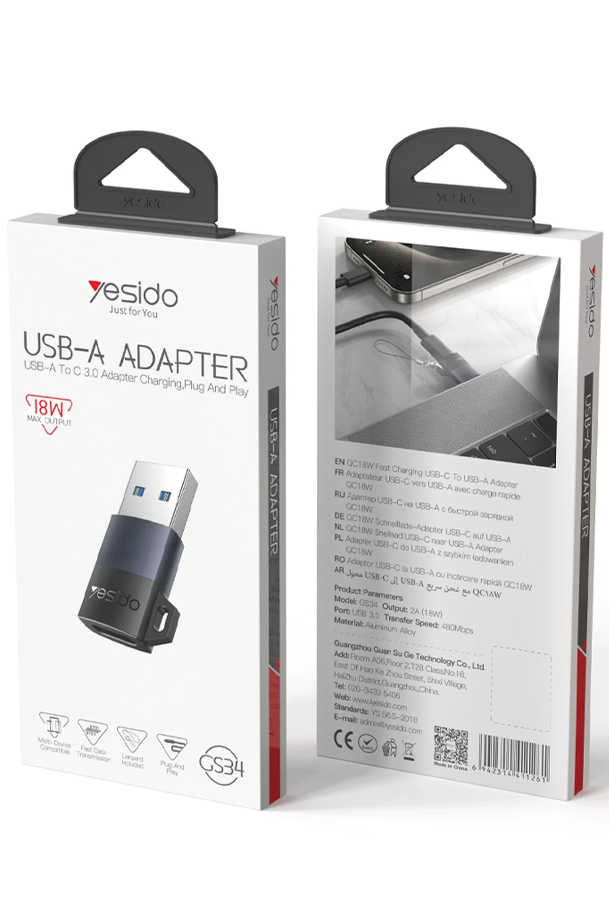 Yesido GS34 USB to Type-C 480 Mbps Data ve 18W Hızlı Şarj Destekli OTG Dönüştürücü