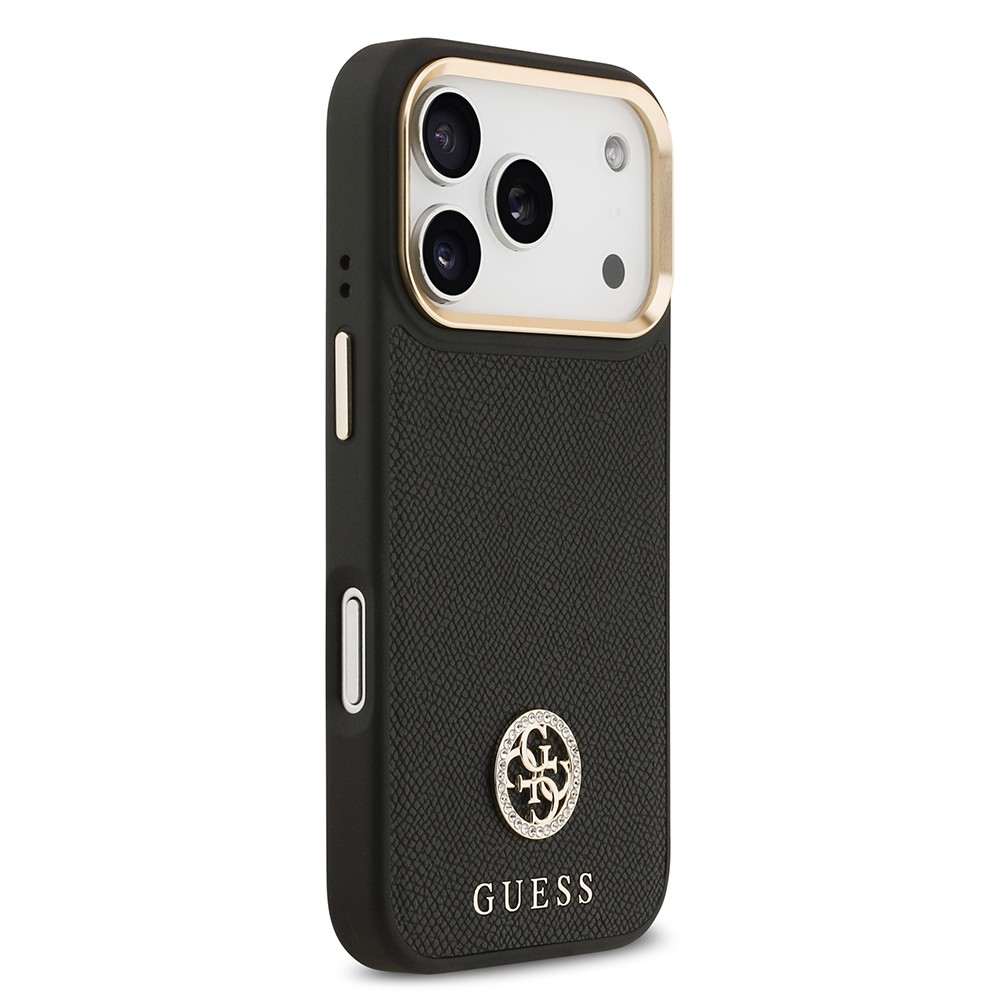 Apple iPhone 17 Pro Kılıf Guess Orjinal Lisanslı M-safe Şarj Özellikli Grained Yazı ve Taşlı 4G Logolu Kapak