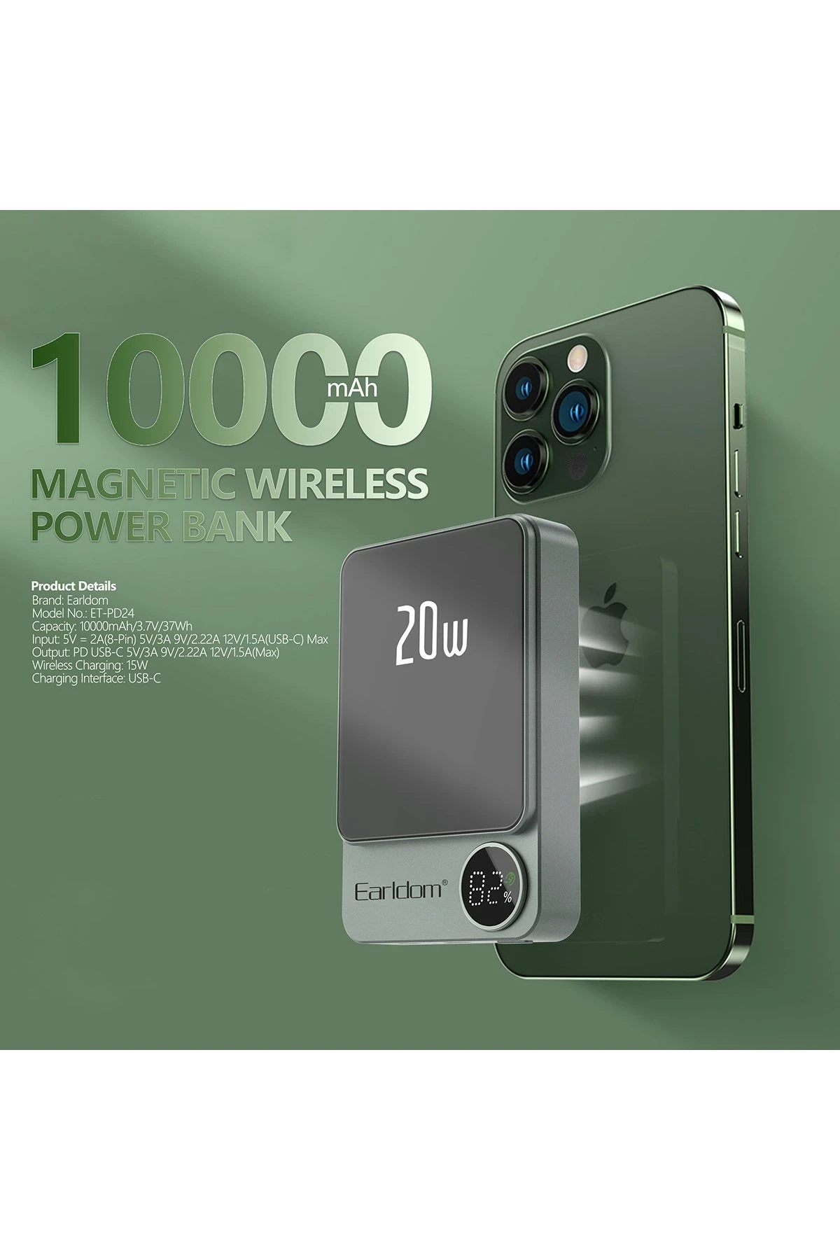 Earldom PD24 10.000 mAh 20W Kablosuz Şarjlı PD Hızlı Şarj Mini Powerbank