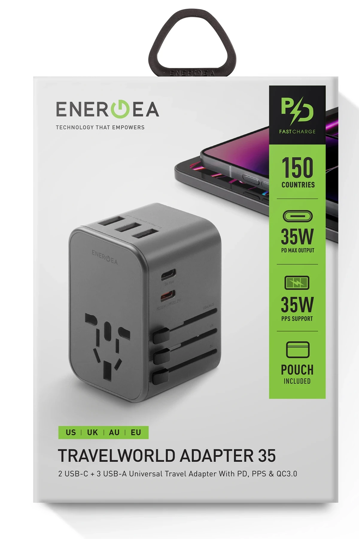 Energea TravelWorld 35 Universal 1 Adet 35W Type-C 1 Adet 15W Type-C ve 3 Adet 12W USB Çıkışlı PD Hızlı Şarj Aleti