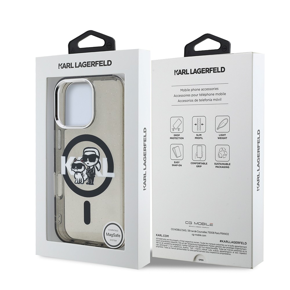 Apple iPhone 16 Pro Kılıf Karl Lagerfeld Orjinal Lisanslı Parlayan Simli Karl & Choupette Sketch Logo Kapak