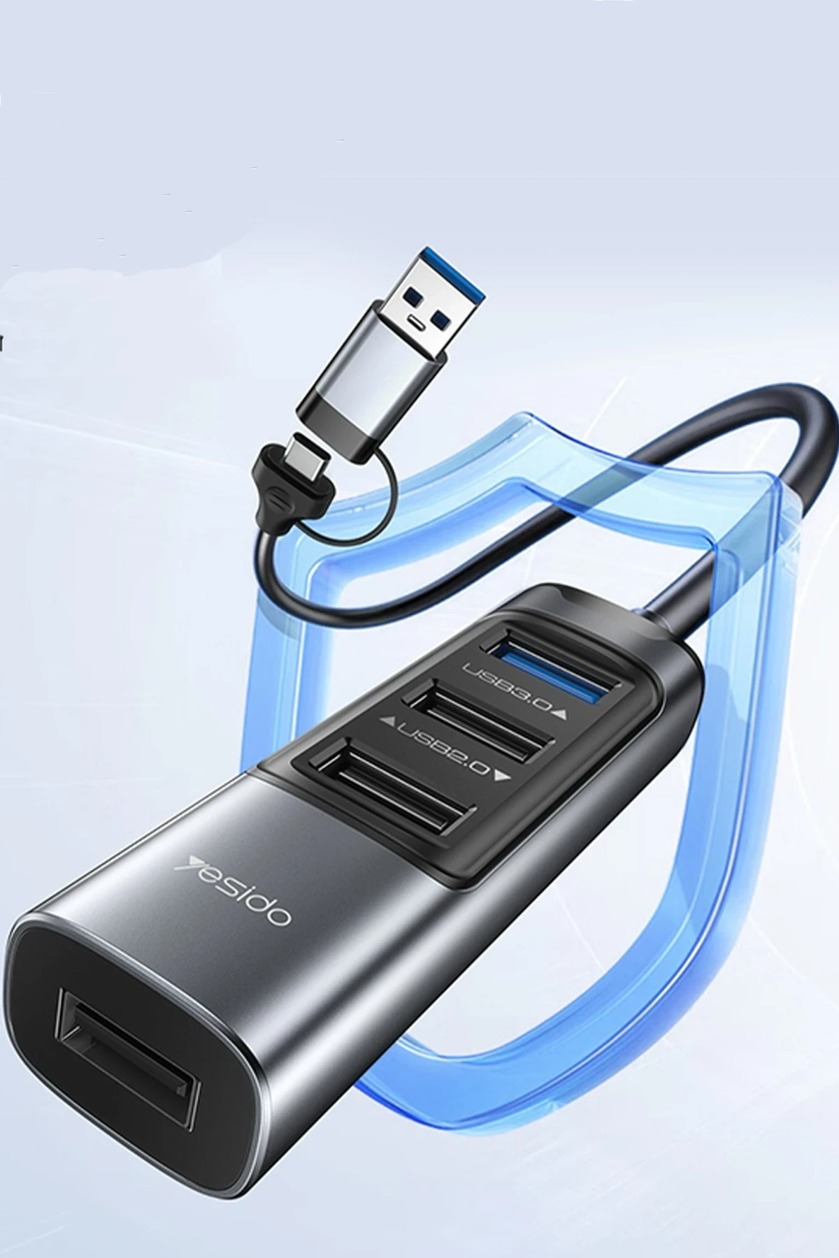 Yesido HB20 5in1 1 Adet USB 3.0 / 2 Adet Usb 2.0 / 1 Adet 100W Type-C Çıkışlı Usb ve Type-C Girişli Hub Dönüştürücü