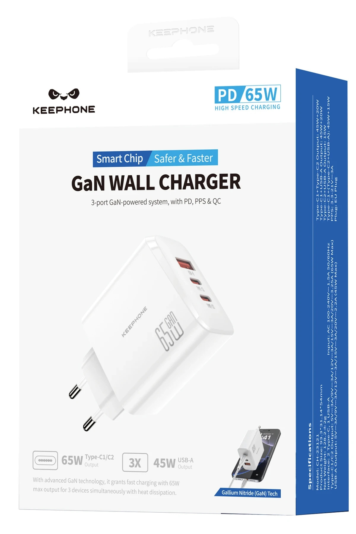 Keephone GaN Wall CH23121 2 Adet 65W Type-C ve 1 Adet 45W USB Çıkışlı GaN Şarj Cihazı