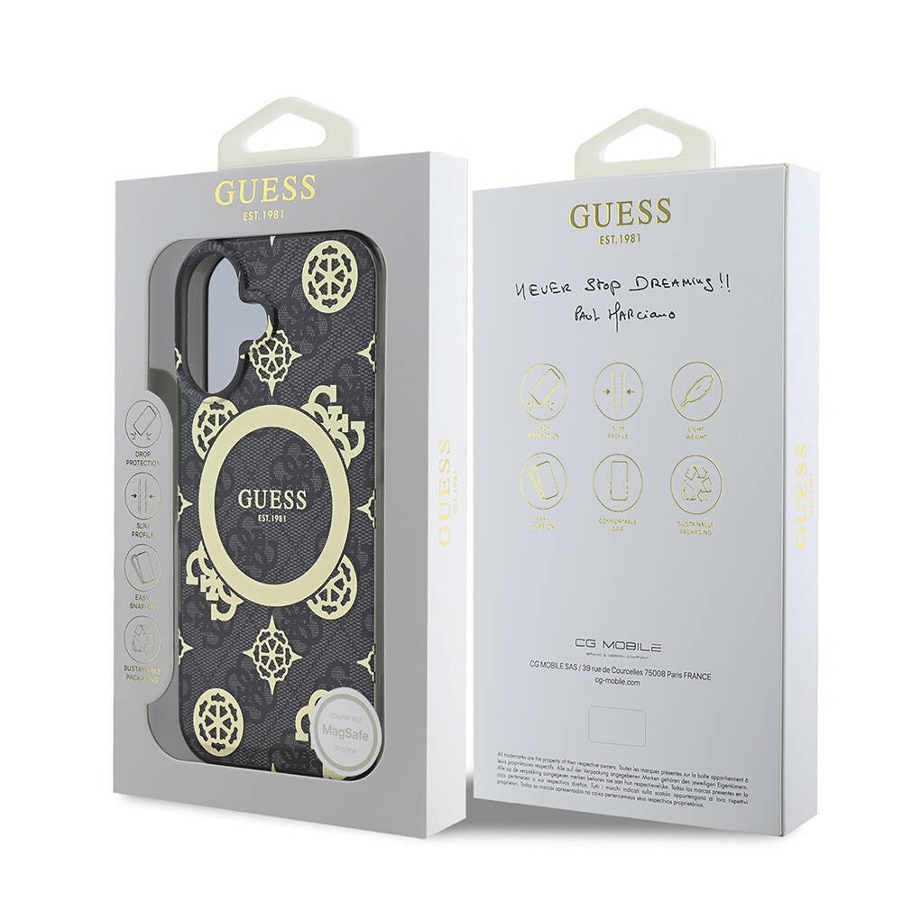 Apple iPhone 16 Plus Kılıf Guess Orjinal Lisanslı M-safe Şarj Özellikli 4G Desenli IML Yazı Logolu Peony Kapak
