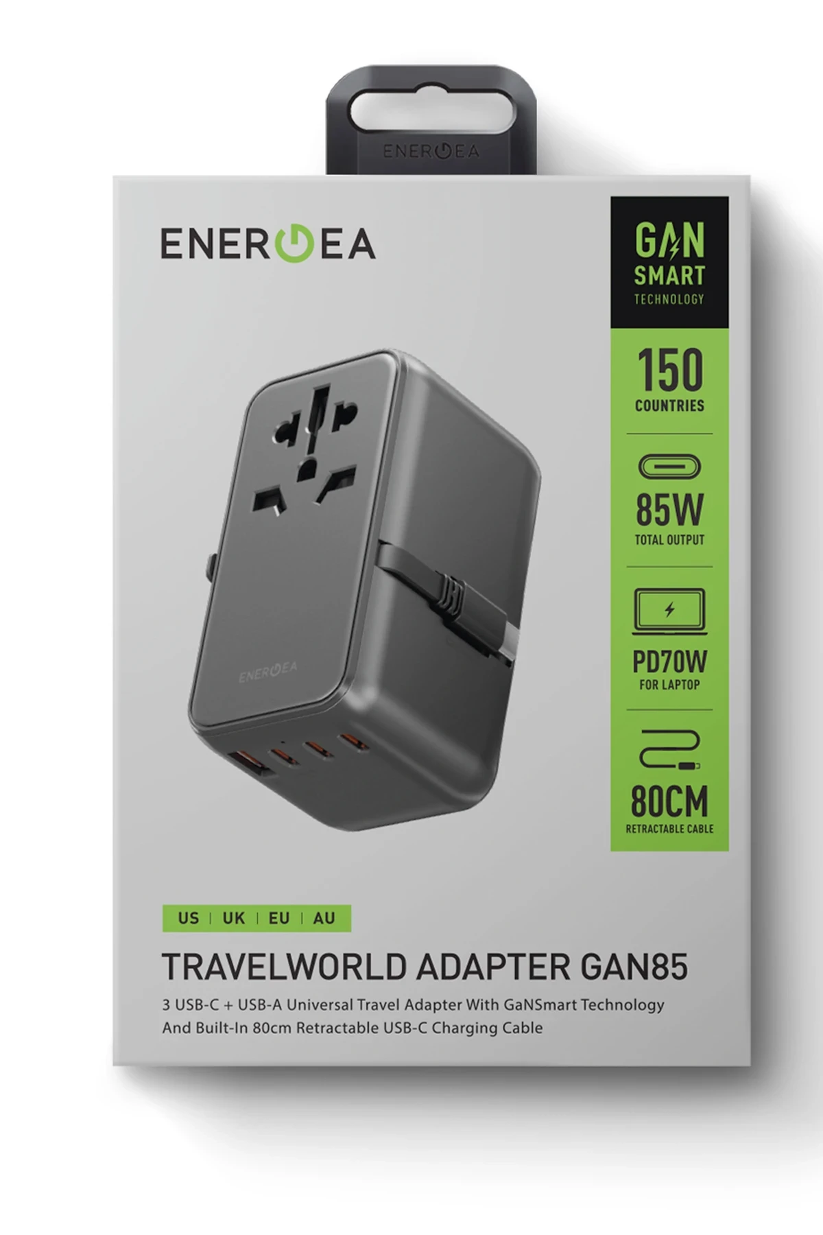 Energea TravelWorld Universal GaN85 3 Adet 70W Type-C 1 Adet 70W 80 CM Dahili Type-C Kablolu ve 1 Adet 60W USB 3.0 Çıkışlı PD Hızlı Şarj Aleti