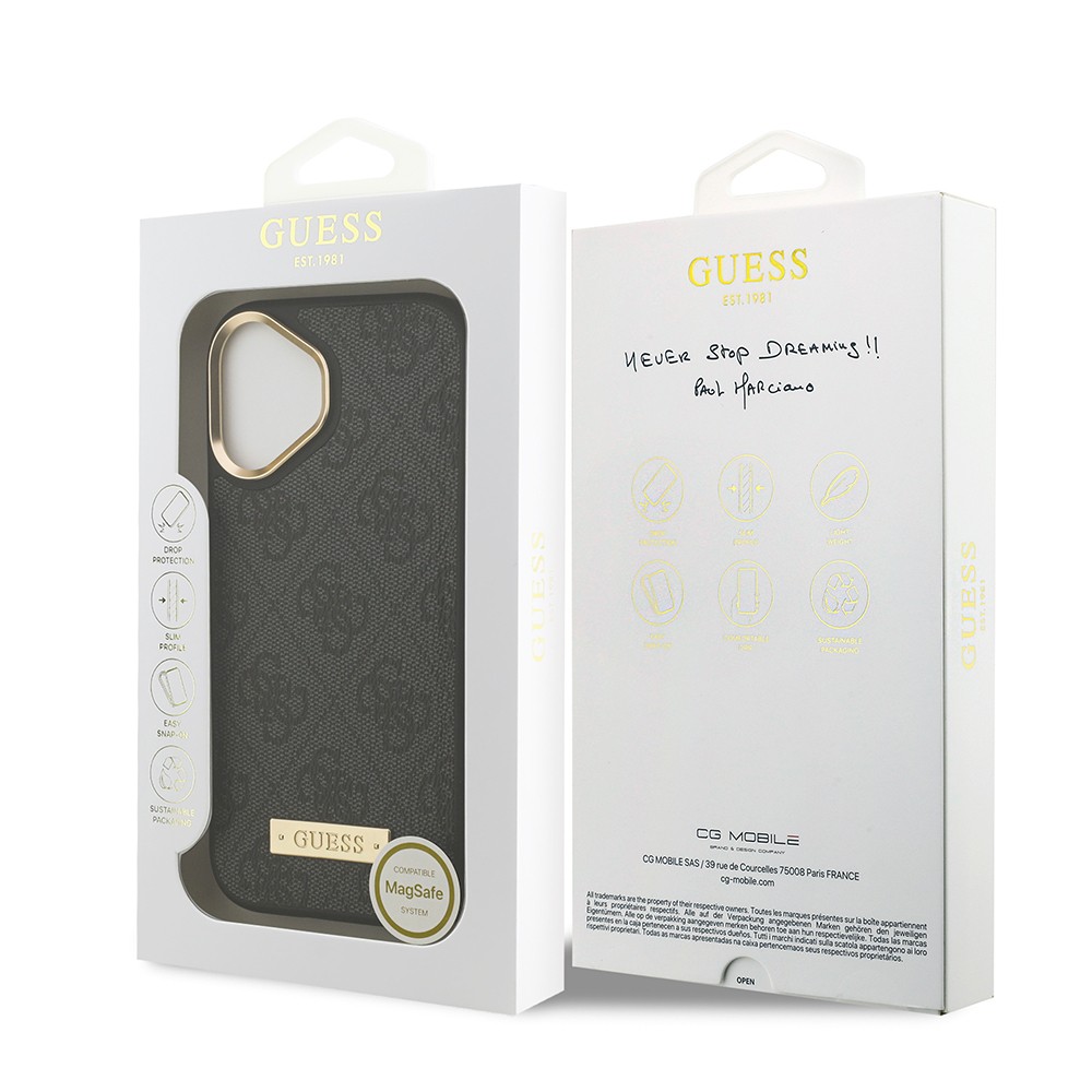 Apple iPhone 17 Kılıf Guess Orjinal Lisanslı M-safe Şarj Özellikli 4G Desenli PU Metal Plaka Klasik Logolu Kapak