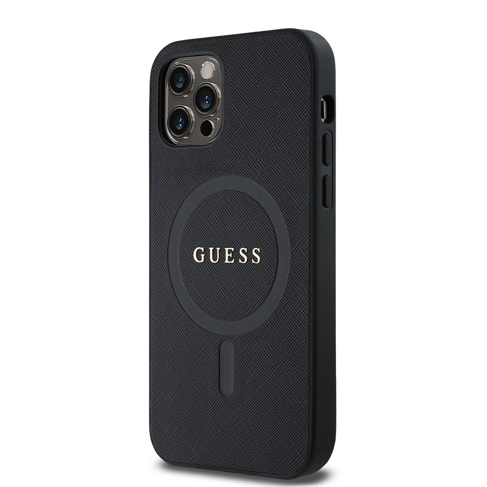 Apple iPhone 12 Pro Kılıf Guess Orjinal Lisanslı M-safe Şarj Özellikli Yazı Logolu Saffiano Classic Kapak