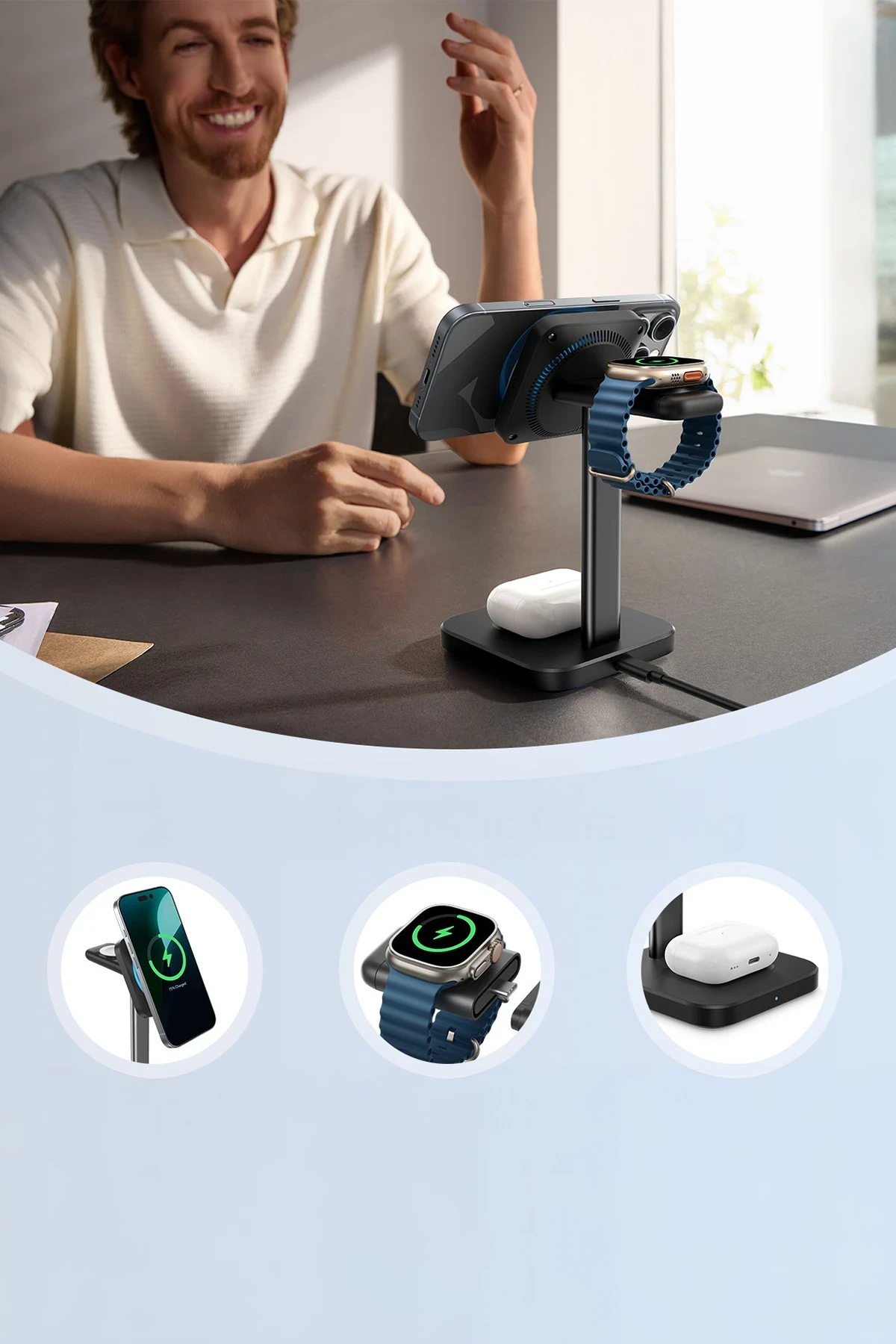 ESR Qi2 CryoBoost 3in1 Telefon, Saat ve Airpods İçin Magsafe Destekli Masaüstü Şarj Seti