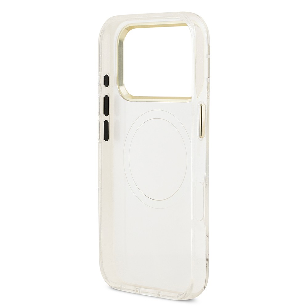 Apple iPhone 17 Pro Kılıf Guess Orjinal Lisanslı M-safe Şarj Özellikli Simli Çiçek Desenli Metal Kamera Çerçeveli Üçgen Logolu Kapak