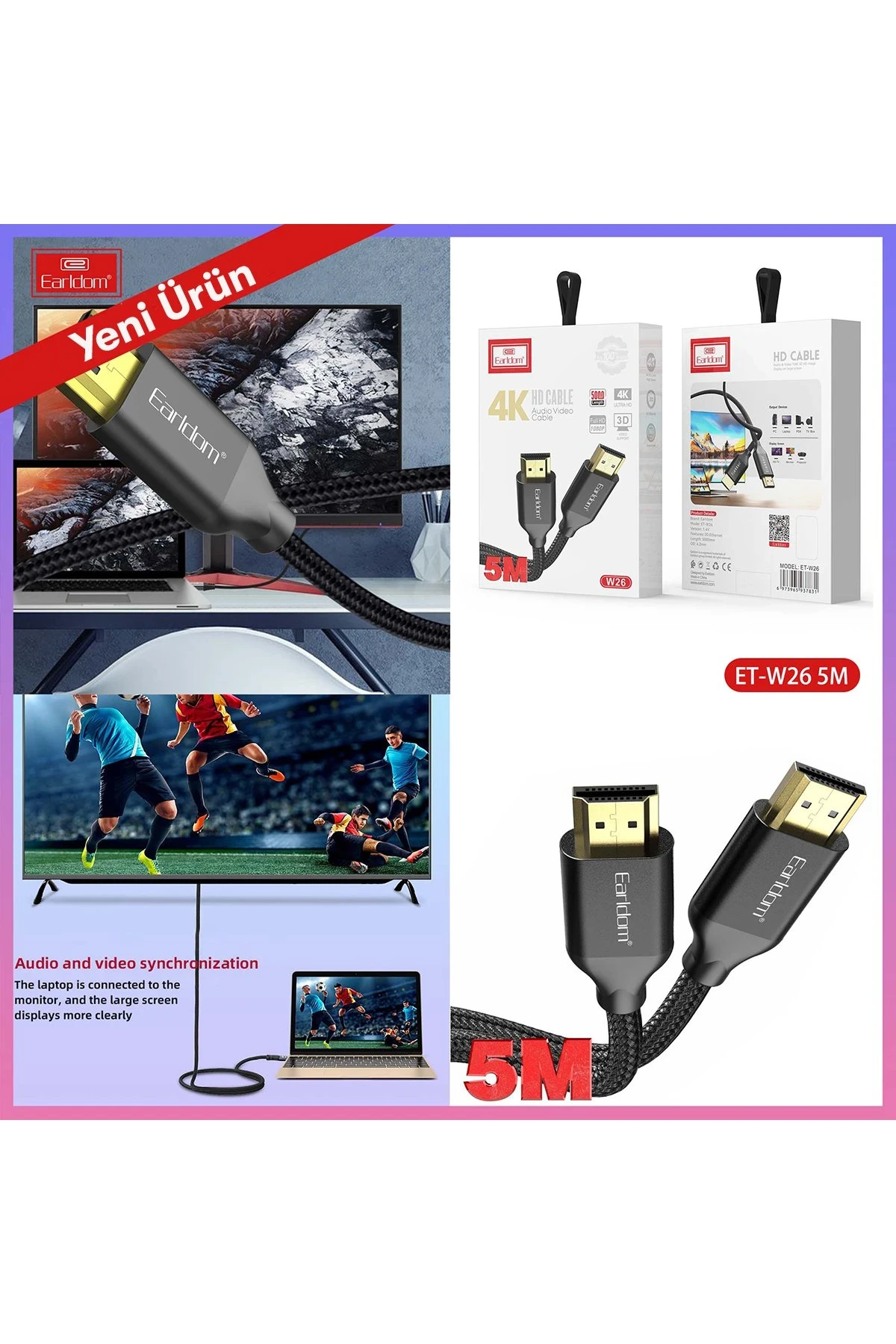 Earldom W26 5M 4K Altın Uçlu Hasır HDMI Kablo