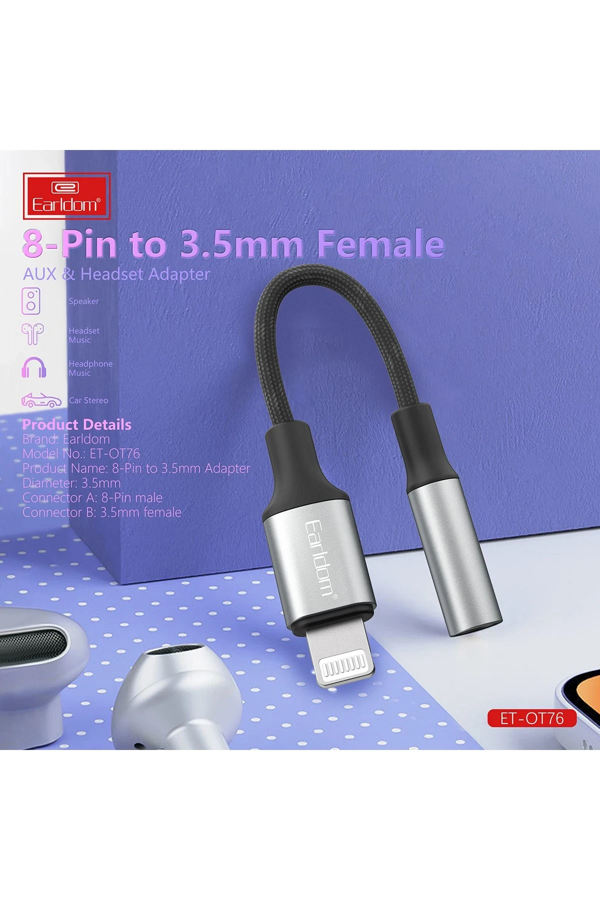 Earldom OT76 Tak Çalıştır 12cm Lightning to Aux Dönüştürücü