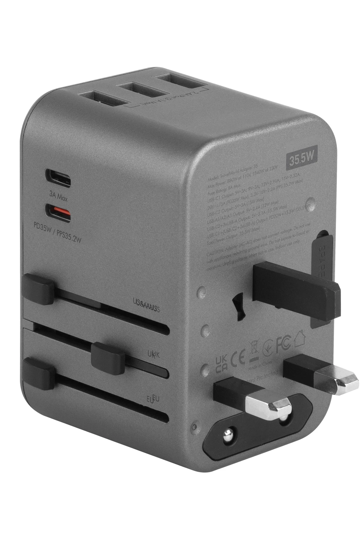 Energea TravelWorld 35 Universal 1 Adet 35W Type-C 1 Adet 15W Type-C ve 3 Adet 12W USB Çıkışlı PD Hızlı Şarj Aleti