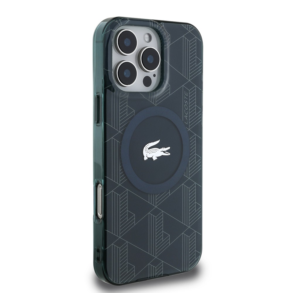 Apple iPhone 16 Pro Kılıf Lacoste Orjinal Lisanslı M-safe Şarj Özellikli IML Baskılı Gümüş Timsah Logolu Monogram Kapak