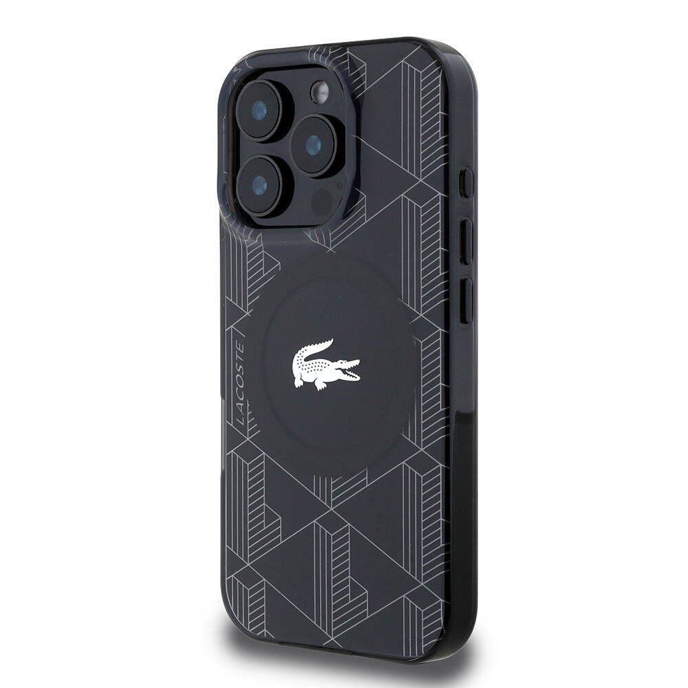 Apple iPhone 16 Pro Max Kılıf Lacoste Orjinal Lisanslı M-safe Şarj Özellikli IML Baskılı Gümüş Timsah Logolu Monogram Kapak