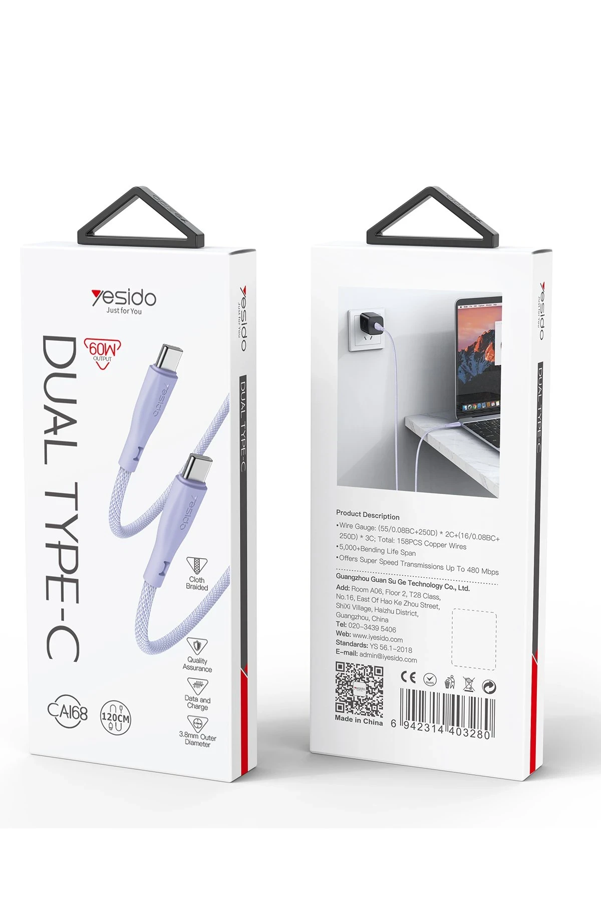 Yesido CA168 1.2M 60W Type-C to Type-C PD Hızlı Şarj Kablosu