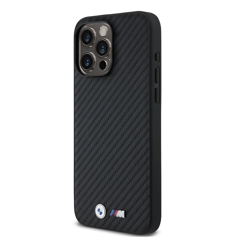 Apple iPhone 15 Pro Max Kılıf BMW Orjinal Lisanslı Karbon Fiber Tasarımlı ve Metal Logolu PU Deri Kapak