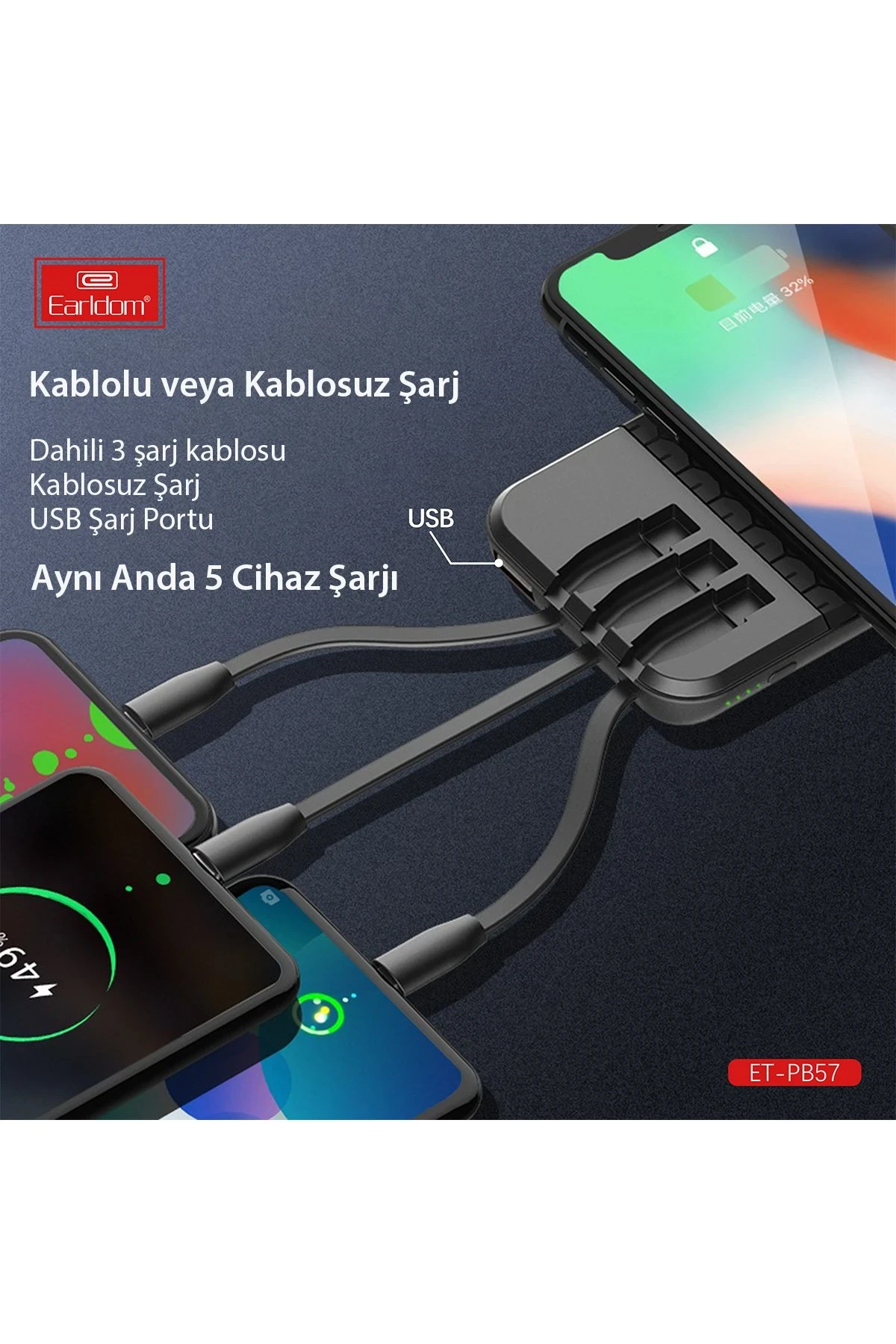 Earldom PB57 10.000 mAh 5in1 Kablosuz Şarjlı PD Hızlı Şarj Powerbank