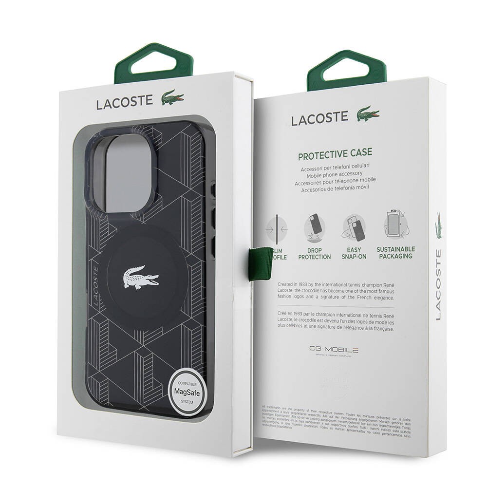 Apple iPhone 16 Pro Kılıf Lacoste Orjinal Lisanslı M-safe Şarj Özellikli IML Baskılı Gümüş Timsah Logolu Monogram Kapak