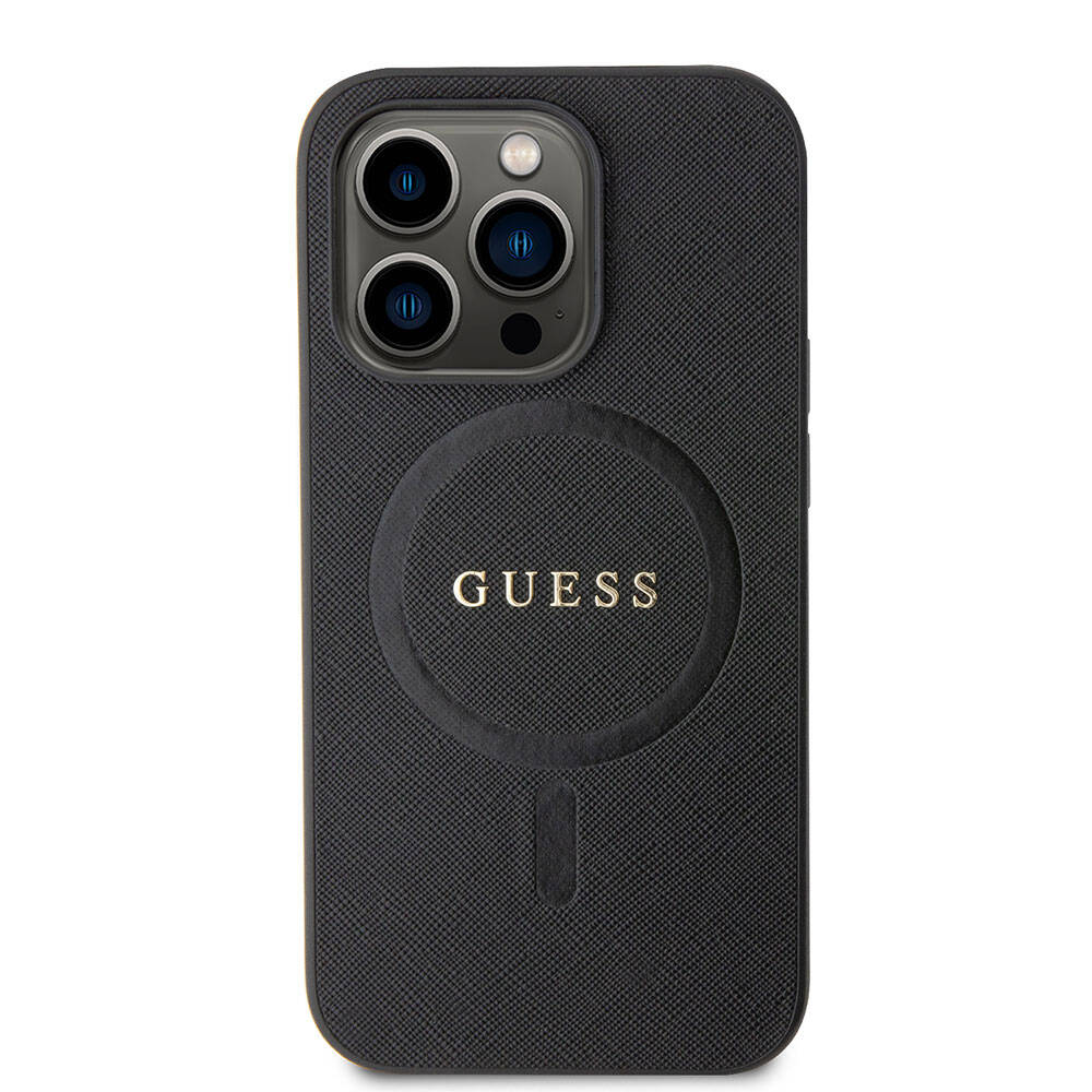 Apple iPhone 15 Pro Max Kılıf Guess Orjinal Lisanslı M-safe Şarj Özellikli Yazı Logolu Saffiano Kapak