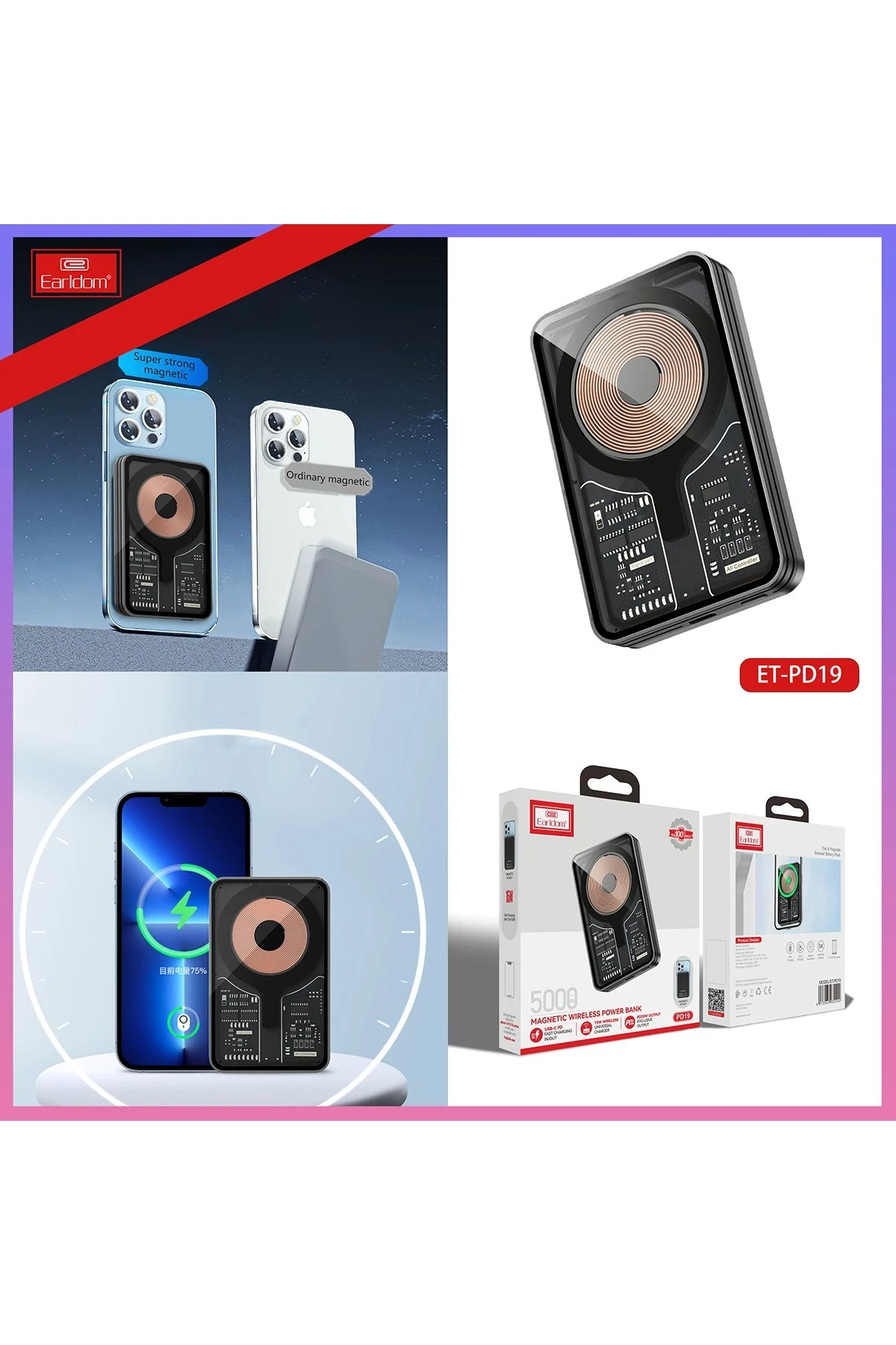 Earldom PD19 5.000 mAh Kablosuz Şarjlı Standlı PD Hızlı Şarj Powerbank