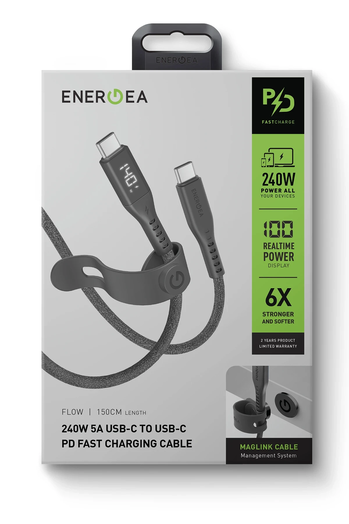 Energea Flow 1.5M 240W Dijital Göstergeli Type-C to Type-C PD Hızlı Şarj Kablo