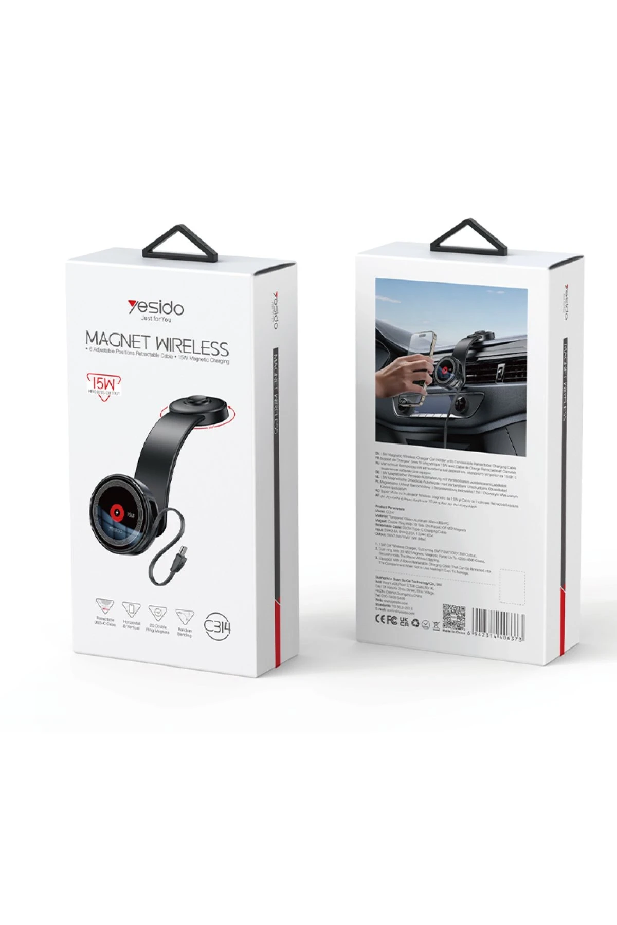 Yesido C314 Yapışkanlı 360 Derece Ayarlanabilir Cam Yüzeyli 15W Kablosuz Şarjlı Ekstra 90 Cm Dahili Type-C Kablolu Magsafe Araç Tutucu