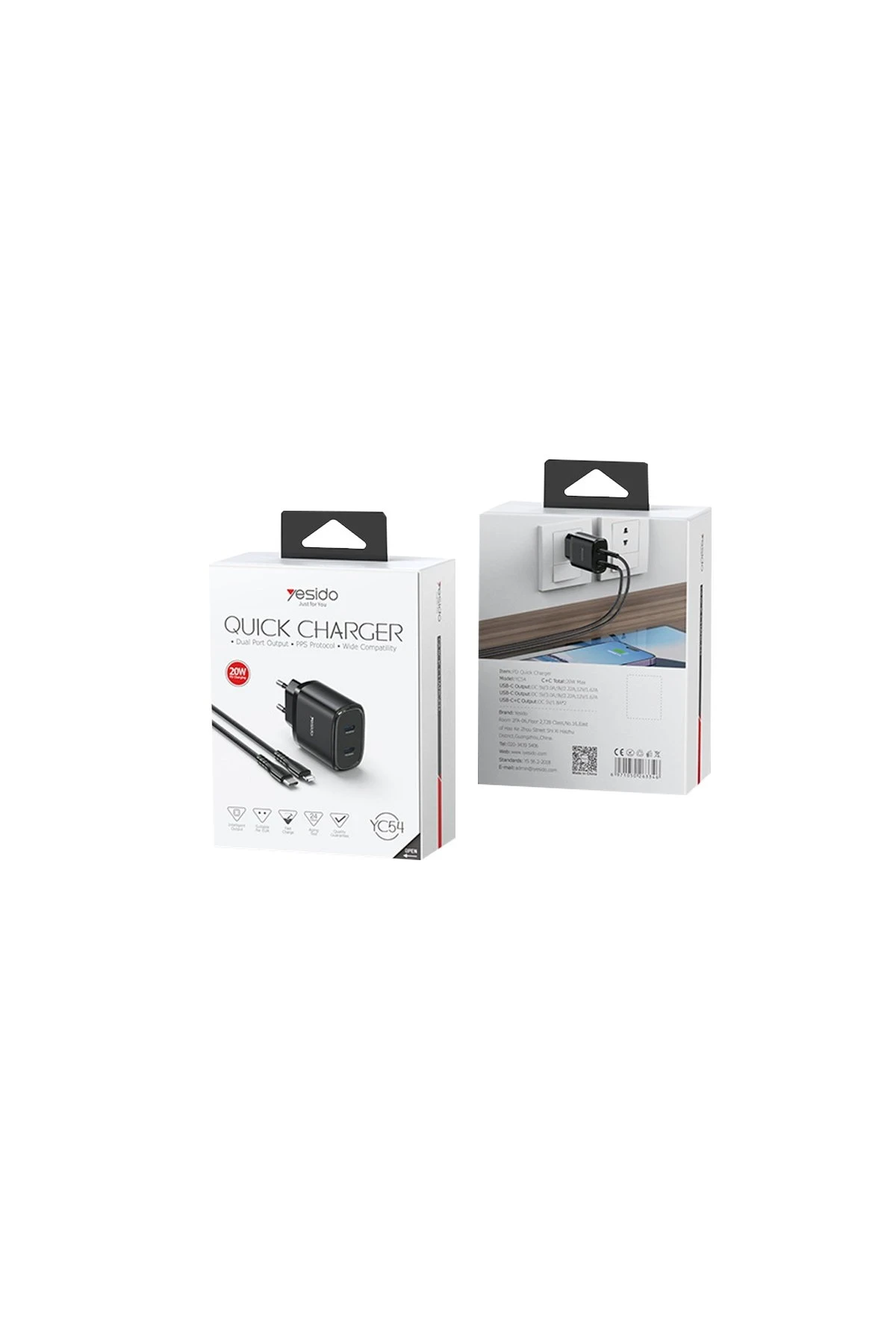Yesido YC54 2 Adet 20W Type-C Çıkışlı ve 1M 27W Type-C to Lightning Kablolu PD Şarj Cihazı