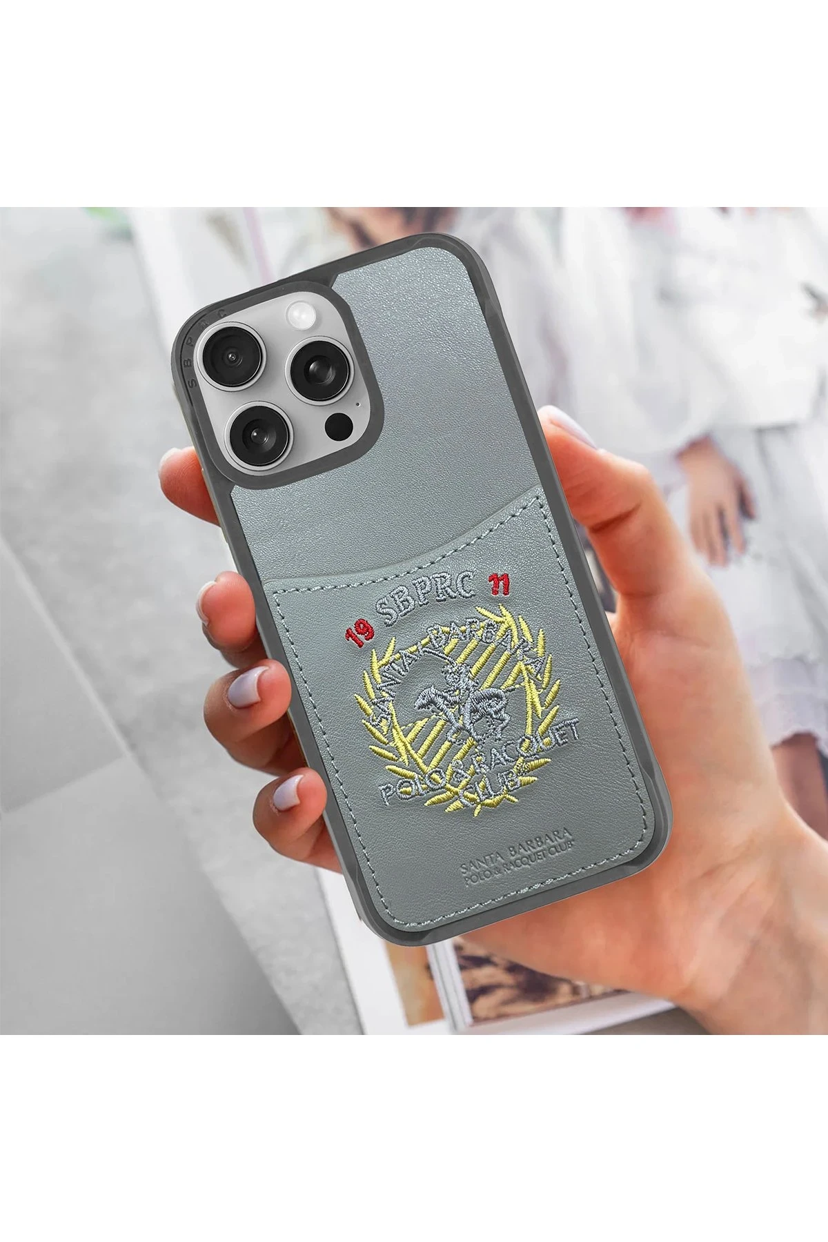 Santa Barbara Polo Racquet Club iPhone 16 Pro Abner İçi Süet Nakış Desenli Kartvizitli Kılıf