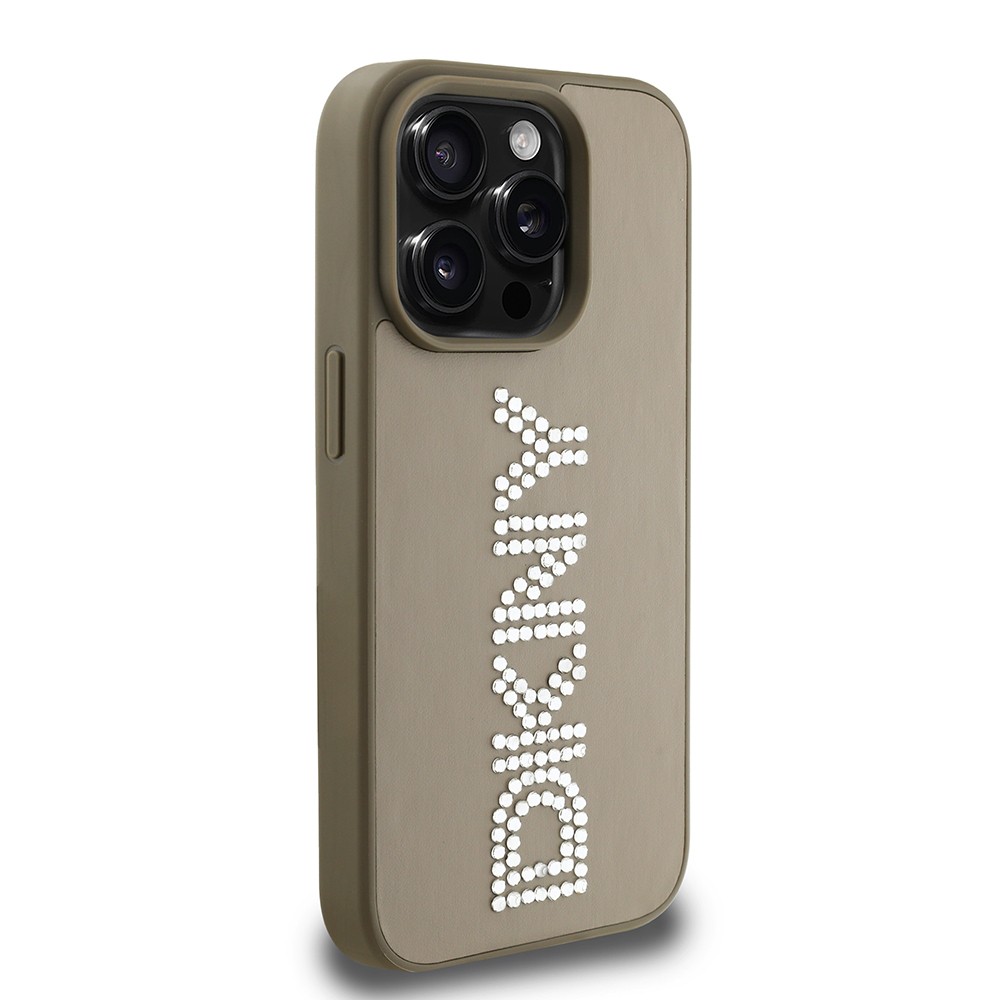 Apple iPhone 15 Pro Max Kılıf DKNY Orjinal Lisanslı Taşlı DKNY Yazılı Metalik Rhinestones PU Deri Kapak