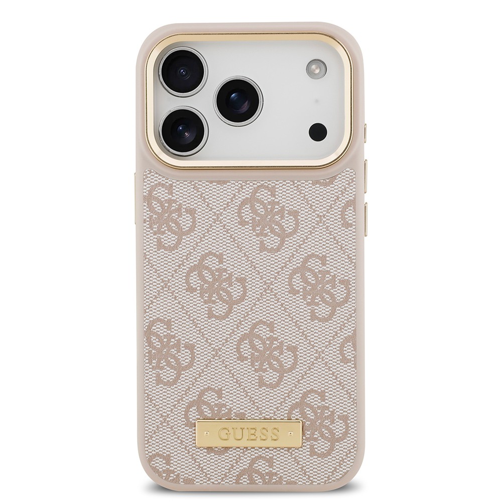 Apple iPhone 17 Pro Kılıf Guess Orjinal Lisanslı M-safe Şarj Özellikli 4G Desenli PU Metal Plaka Klasik Logolu Kapak