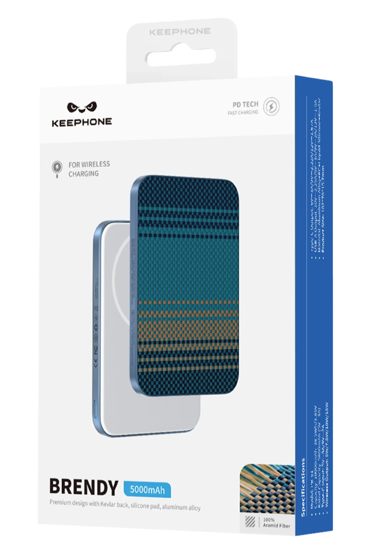Keephone PB50 Brendy Kevlar 5.000 mAh 20W Type-C ve 15W Kablosuz Şarj Destekli Magsafe Powerbank