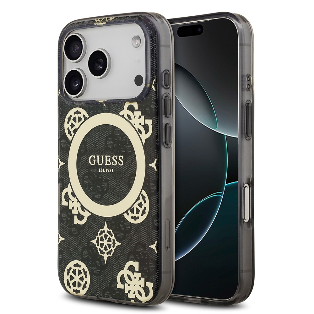 Apple iPhone 17 Pro Kılıf Guess Orjinal Lisanslı M-safe Şarj Özellikli IML Peony ve 4G Desenli Klasik Logolu Kapak