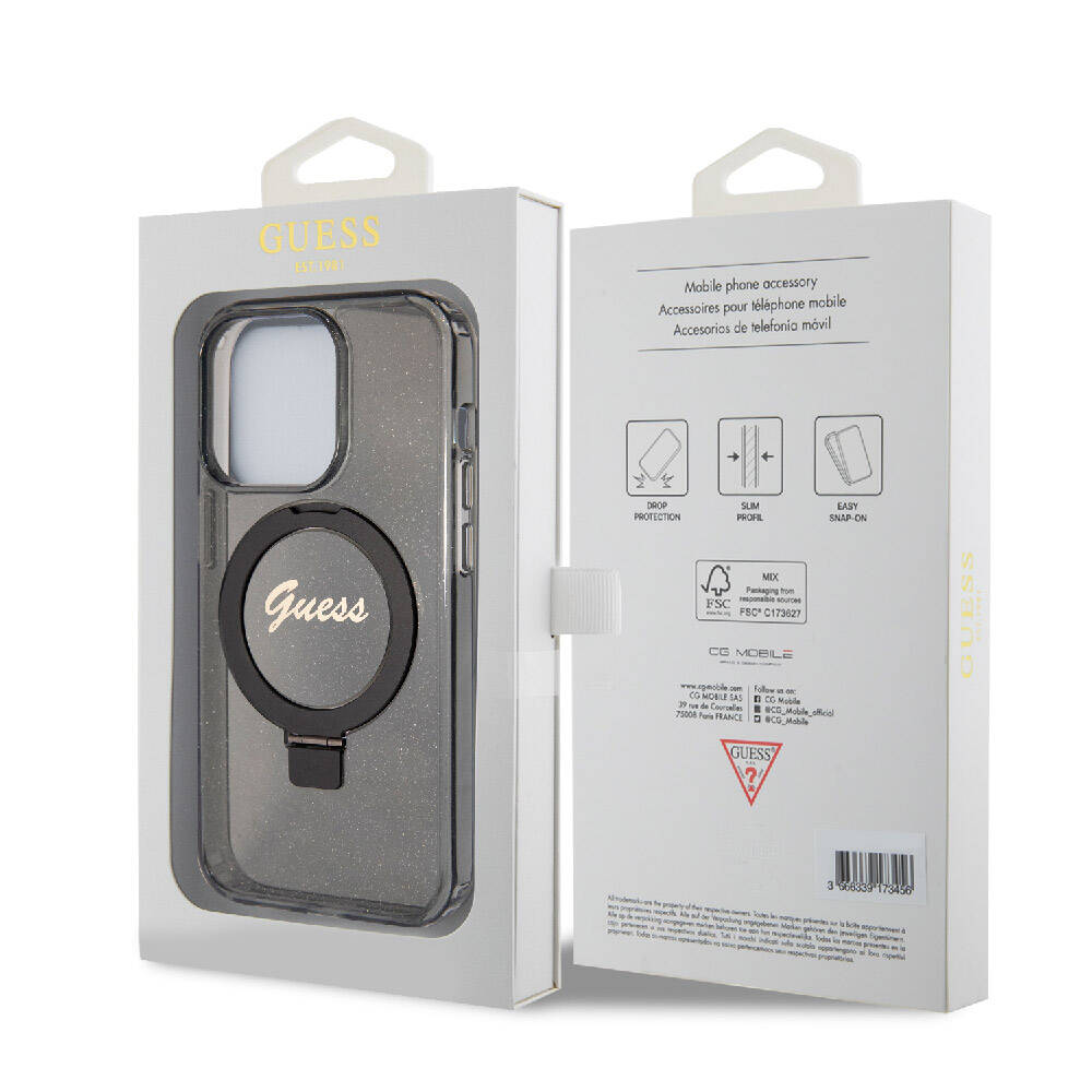 Apple iPhone 15 Pro Kılıf Guess Orjinal Lisanslı M-safe Şarj Özellikli Simli Arka Yüzey Ring Standlı Kapak