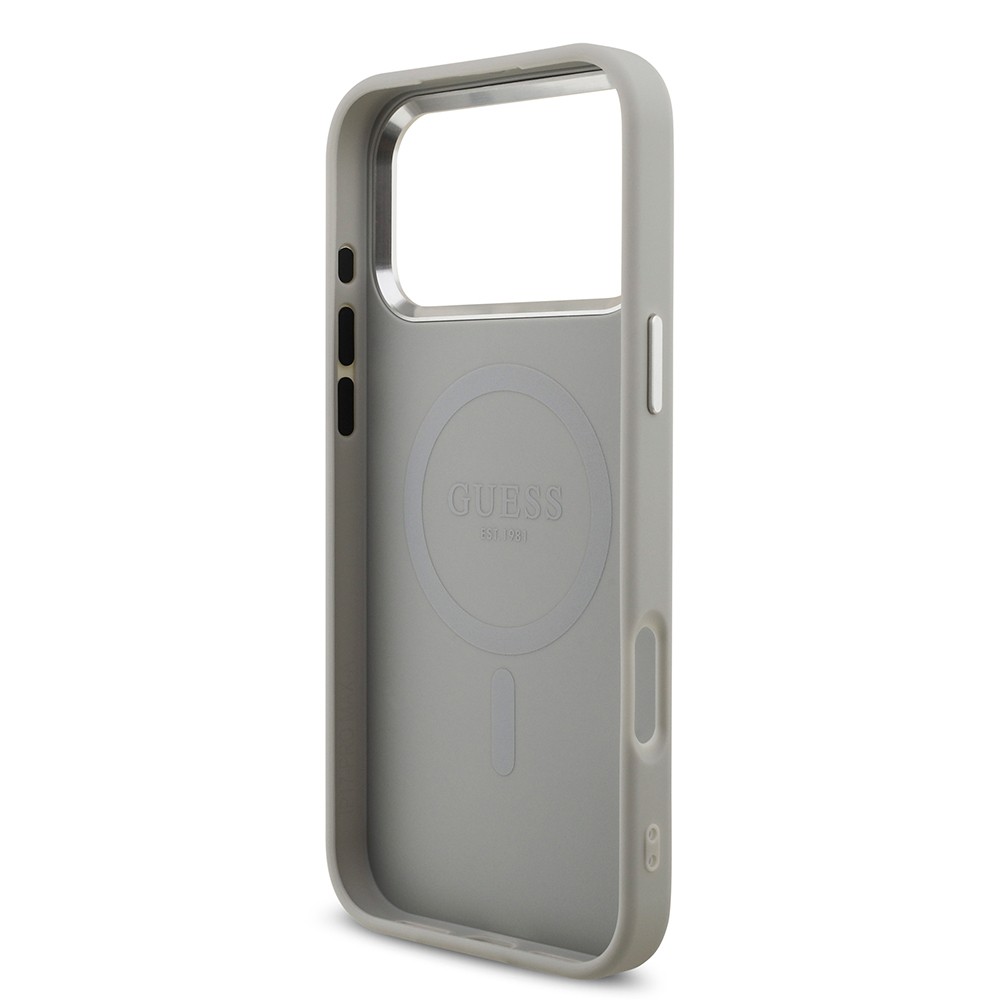Apple iPhone 17 Pro Max Kılıf Guess Orjinal Lisanslı M-safe Şarj Özellikli Metal Kamera Çerçeveli Üçgen Logolu Glitter Kapak