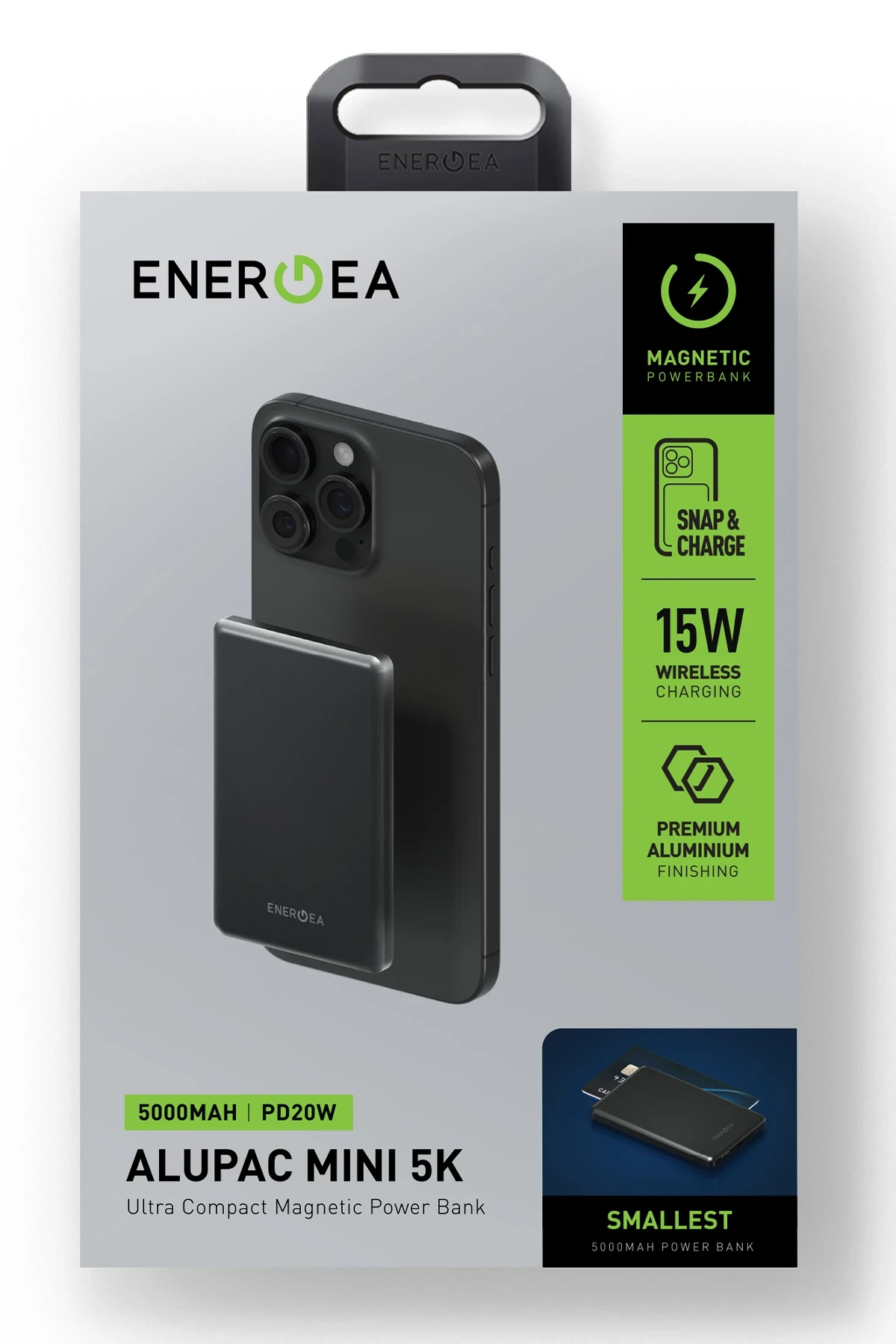 Energea AluPac Mini 5K 5.000 mAh 20W Type-C ve 15W Kablosuz Şarj Çıkışlı PD Hızlı Şarj Magsafe Powerbank