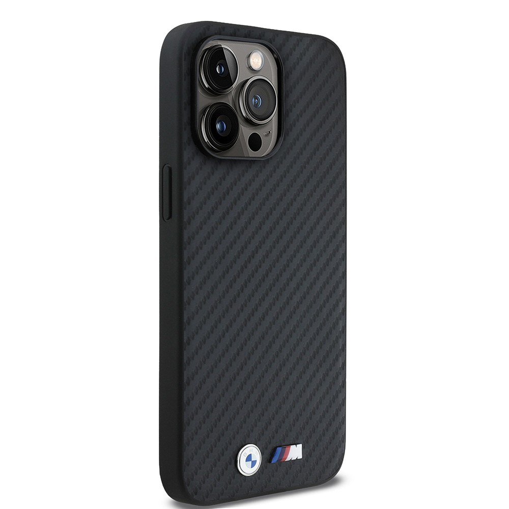 Apple iPhone 15 Pro Max Kılıf BMW Orjinal Lisanslı Karbon Fiber Tasarımlı ve Metal Logolu PU Deri Kapak