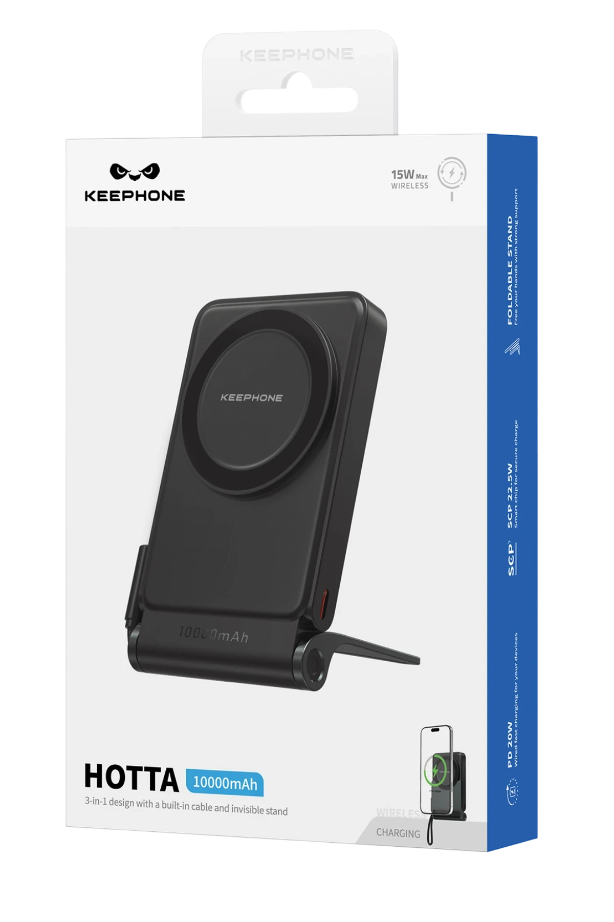 Keephone PB45 Hotta 10.000 mAh 22.5W Dahili Type-C Kablolu 15W Kablosuz Şarj Destekli Standlı PD Magsafe Powerbank