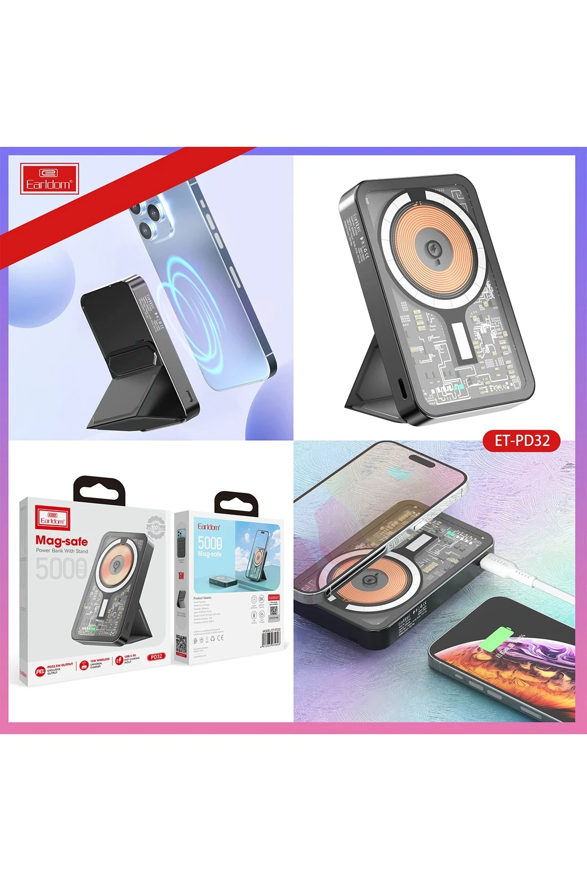 Earldom PD32 5.000 mAh 22.5W Kablosuz Şarjlı Standlı PD Hızlı Şarj Powerbank