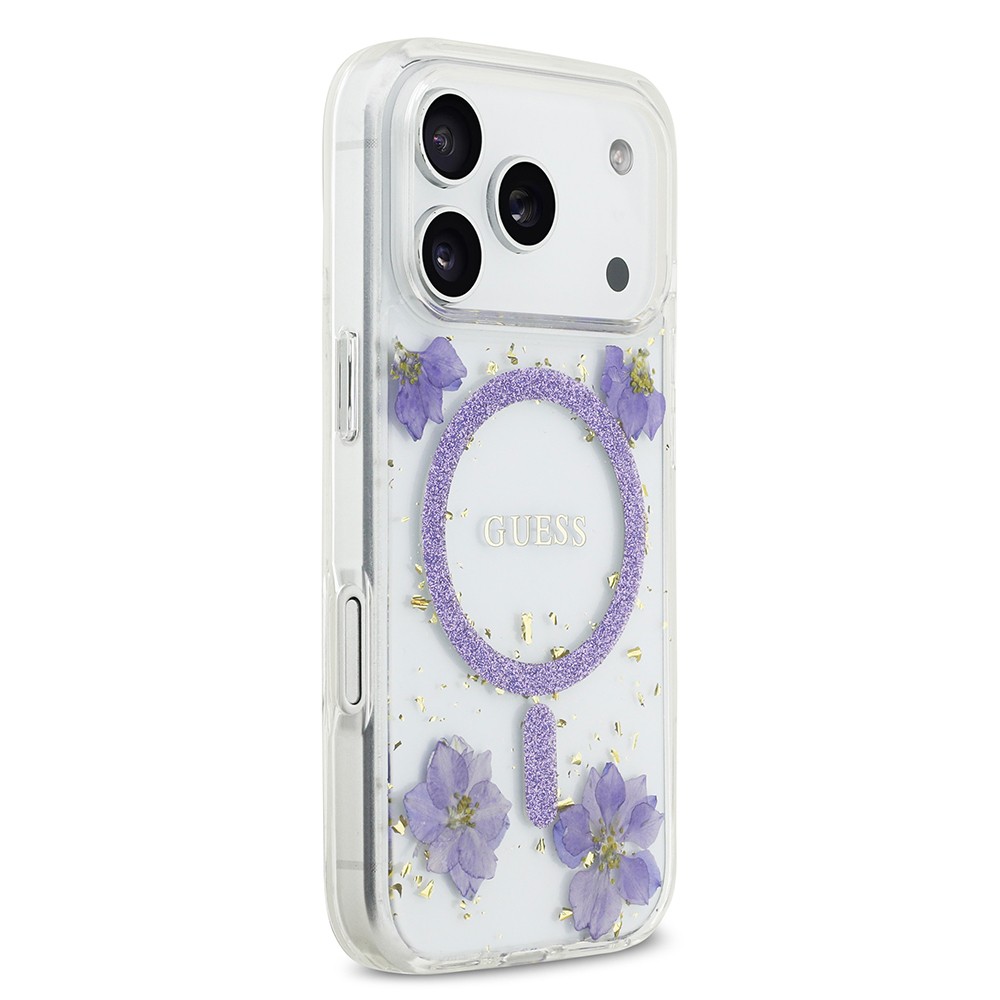 Apple iPhone 17 Pro Kılıf Guess Orjinal Lisanslı M-safe Şarj Özellikli Transparan Resin Flowers Kapak