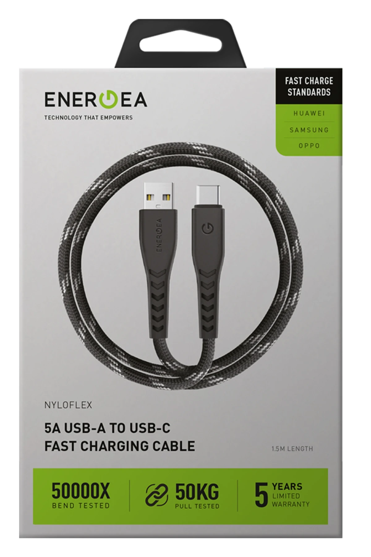 Energea NyloFlex USB 2.0 1.5M 5A USB to Type-C Hızlı Şarj Kablo