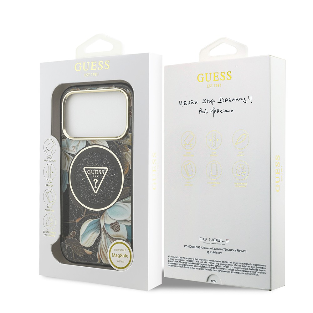 Apple iPhone 17 Pro Kılıf Guess Orjinal Lisanslı M-safe Şarj Özellikli Simli Çiçek Desenli Metal Kamera Çerçeveli Üçgen Logolu Kapak