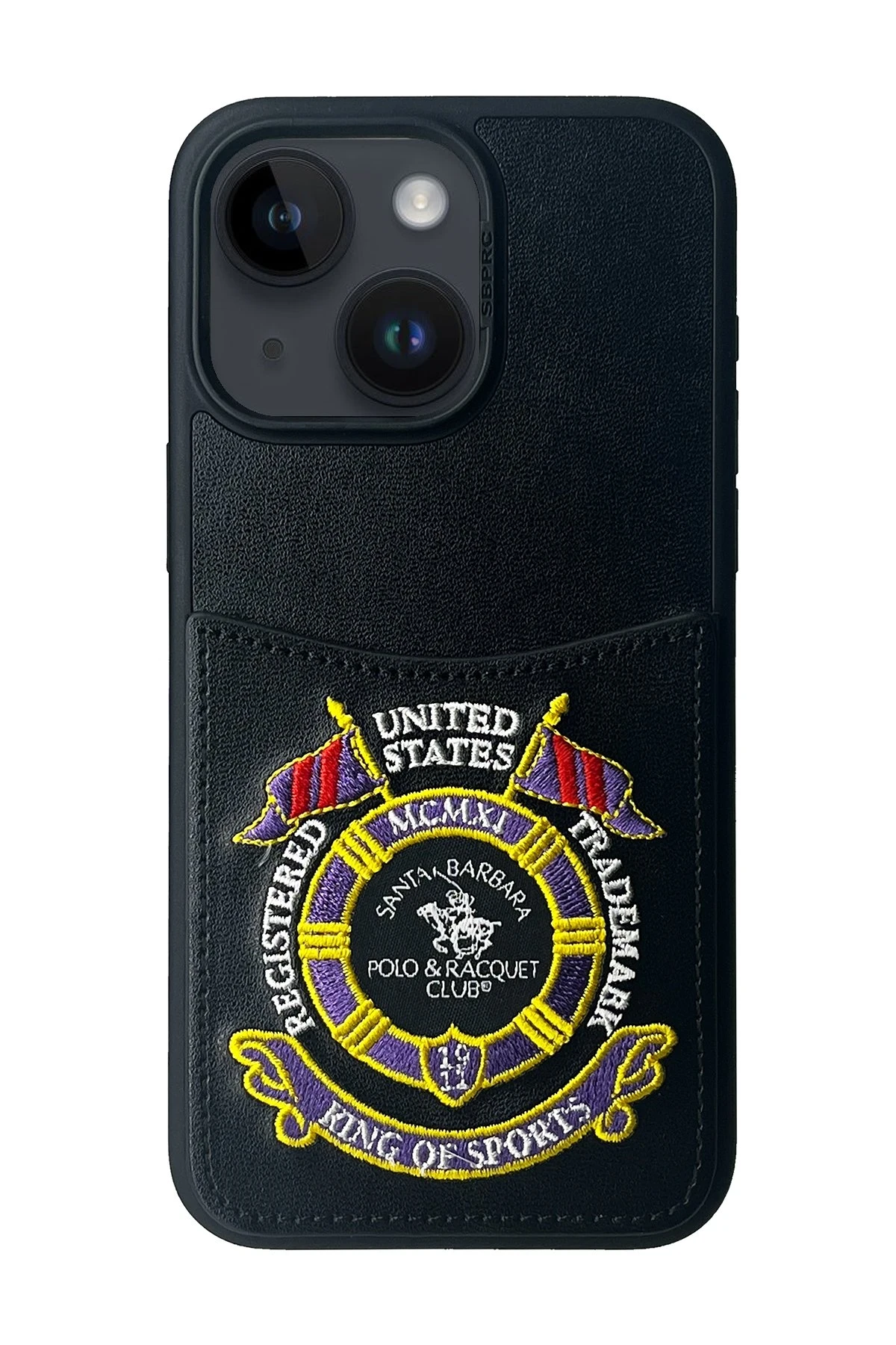 Santa Barbara Polo Racquet Club iPhone 15 Abner İçi Süet Nakış Desenli Kartvizitli Kılıf