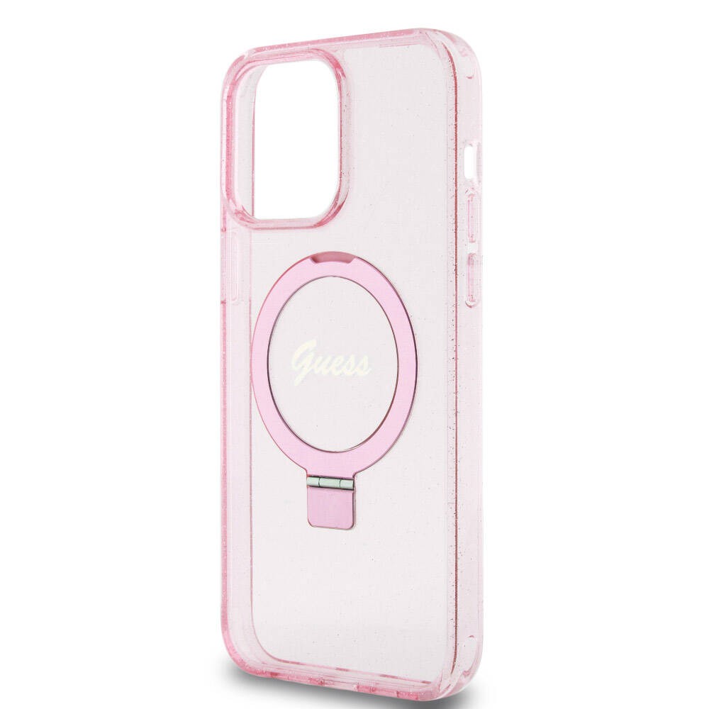 Apple iPhone 15 Pro Max Kılıf Guess Orjinal Lisanslı M-safe Şarj Özellikli Simli Arka Yüzey Ring Standlı Kapak