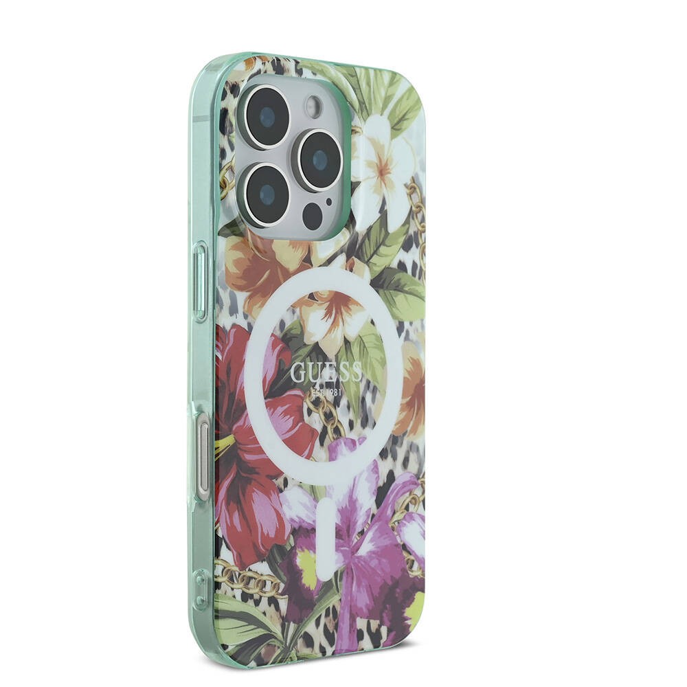 Apple iPhone 16 Pro Kılıf Guess Orjinal Lisanslı M-safe Şarj Özellikli IML Baskılı Jungle Ring Kapak