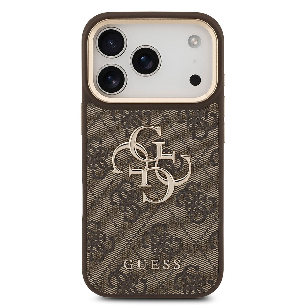 Apple iPhone 17 Pro Kılıf Guess Orjinal Lisanslı Gold Metal Kamera Çerçeveli 4G Desenli Metal Büyük 4G ve Yazı Logolu Kapak