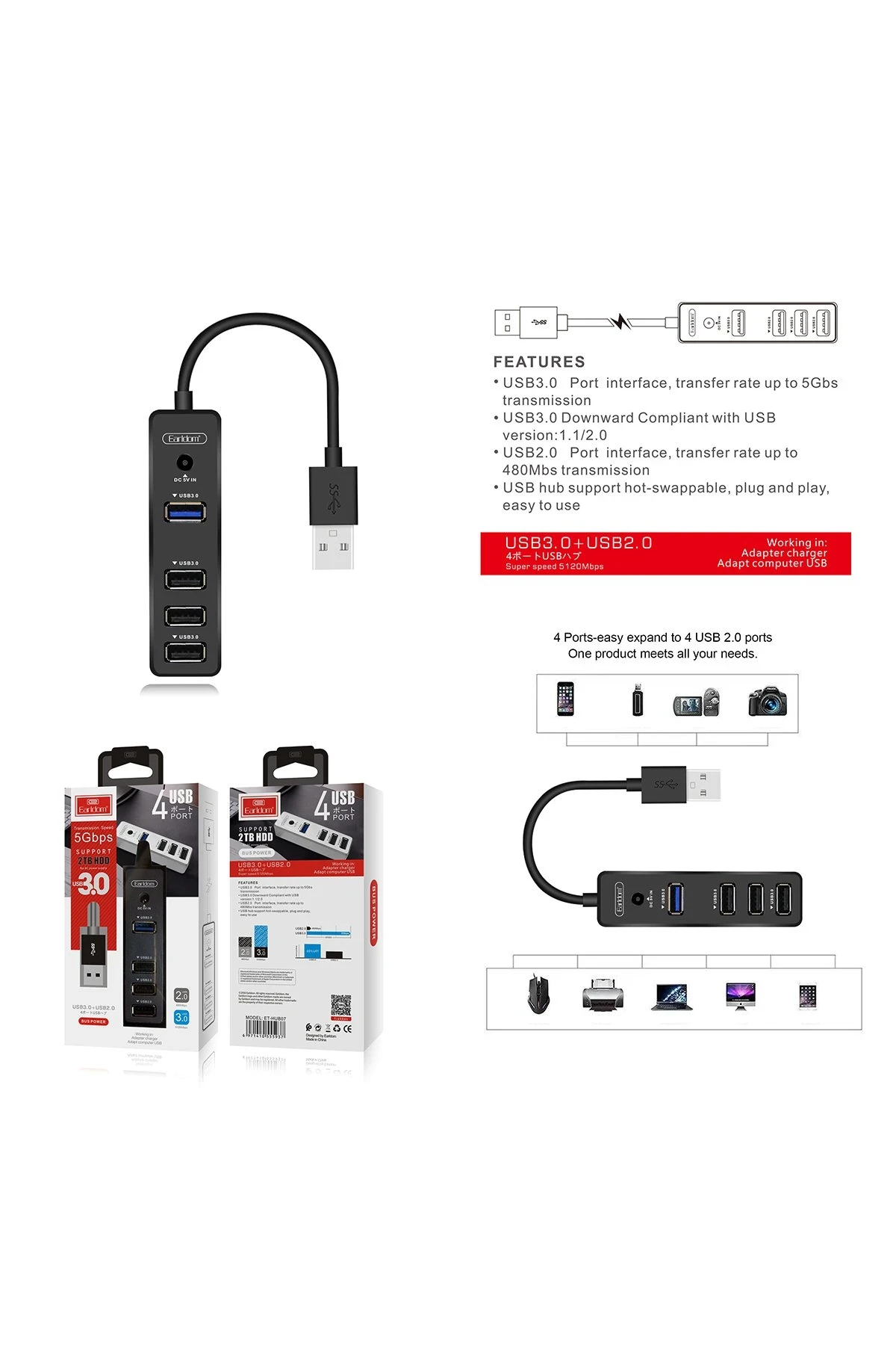Earldom HUB07 Tak Çalıştır 3 Adet Usb 2.0 ve 1 Adet Usb 3.0 Çıkışlı Usb Çoklayıcı