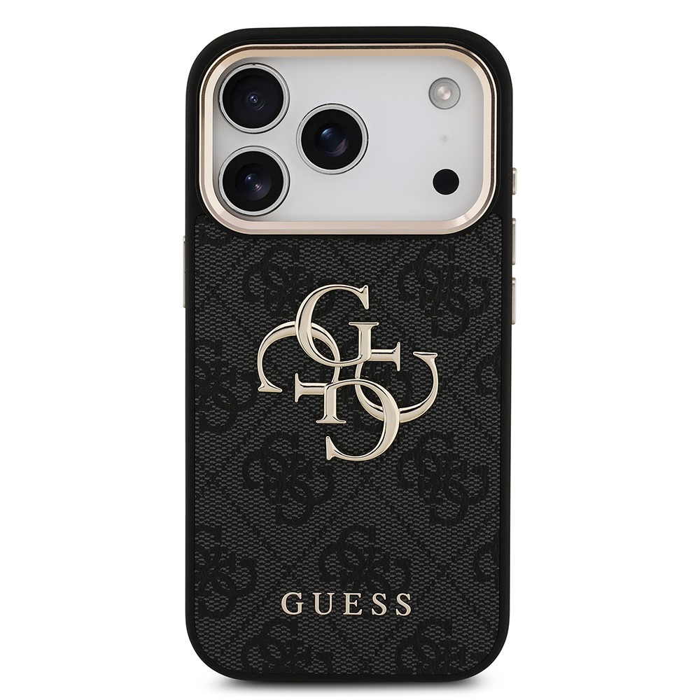 Apple iPhone 17 Pro Kılıf Guess Orjinal Lisanslı Gold Metal Kamera Çerçeveli 4G Desenli Metal Büyük 4G ve Yazı Logolu Kapak