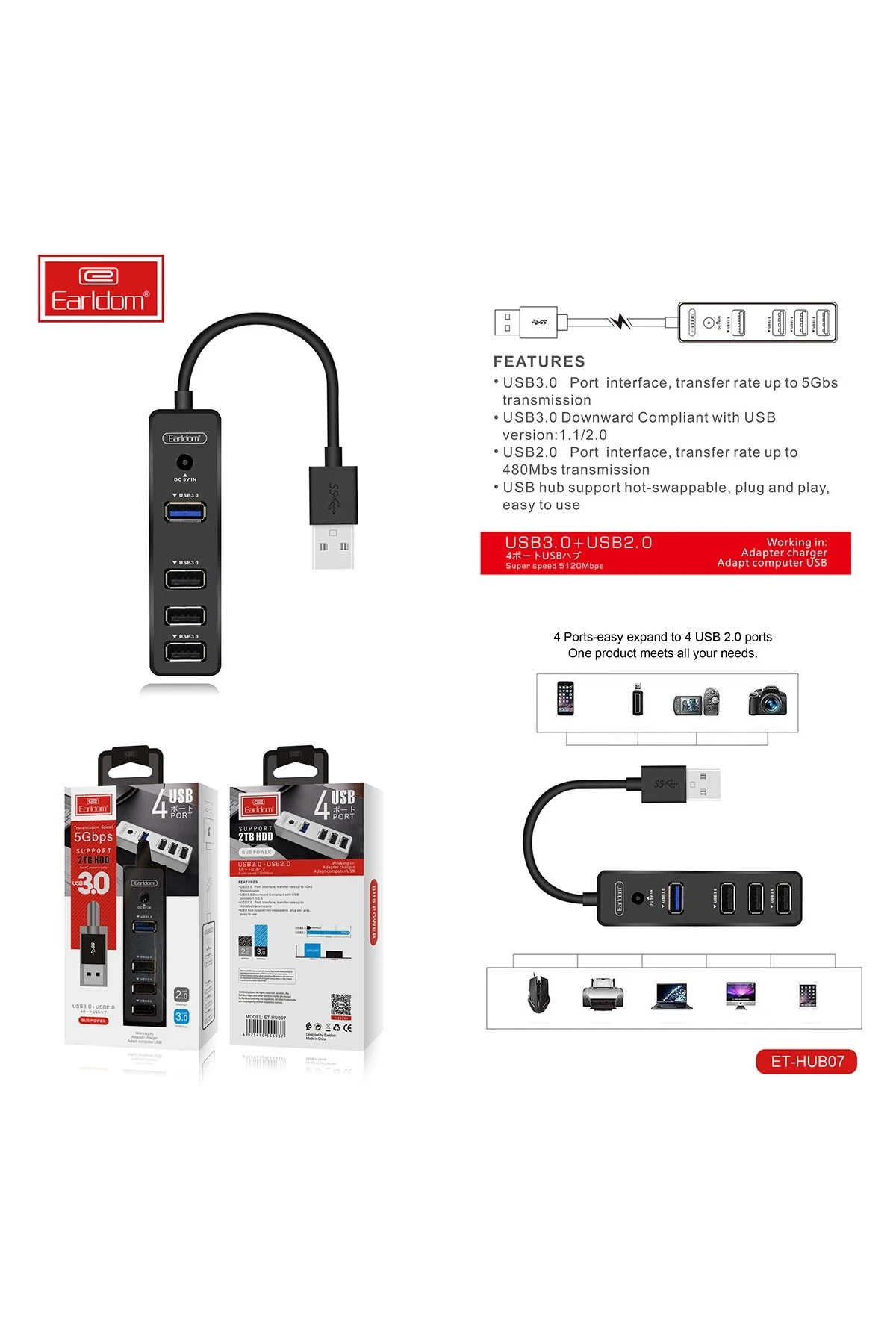 Earldom HUB07 Tak Çalıştır 3 Adet Usb 2.0 ve 1 Adet Usb 3.0 Çıkışlı Usb Çoklayıcı