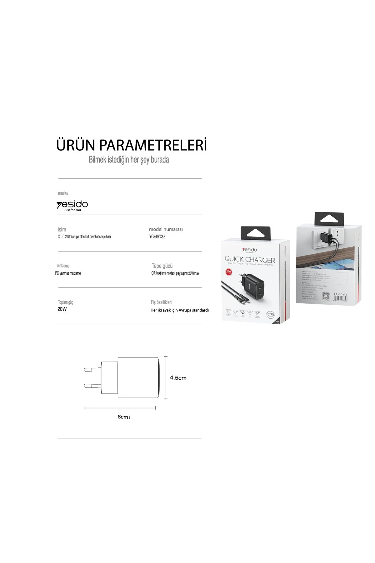 Yesido YC54 2 Adet 20W Type-C Çıkışlı ve 1M 27W Type-C to Lightning Kablolu PD Şarj Cihazı