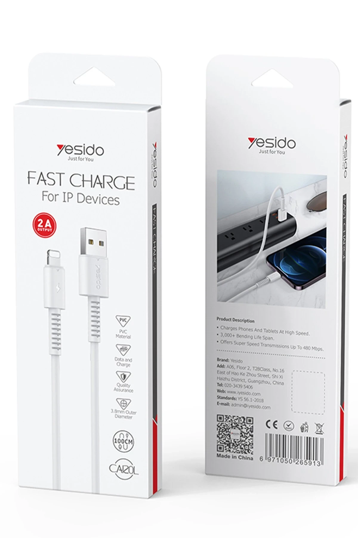 Yesido CA120 L 1M 18W USB to Lightning QC Hızlı Şarj Kablosu